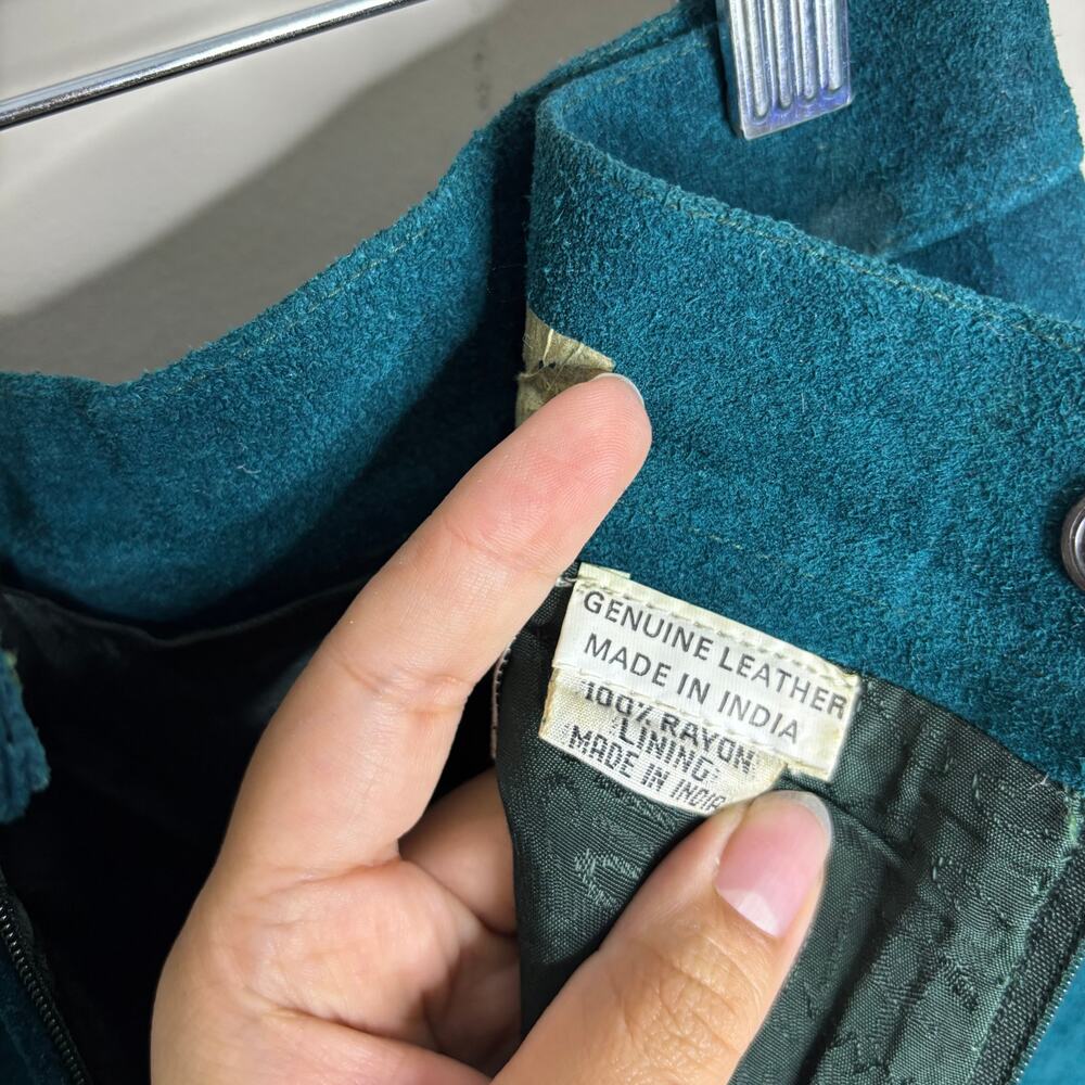 Fashion House Teal Suede Leather High Waist Mini Skirt Vintage Sz 10 - Picture 6 of 12